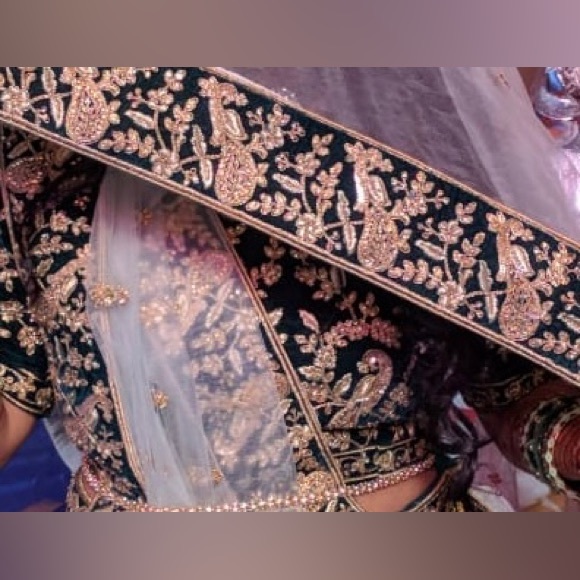 Emerald green Designer velvet reception lengha from Mindhal - Picture 4 of 5